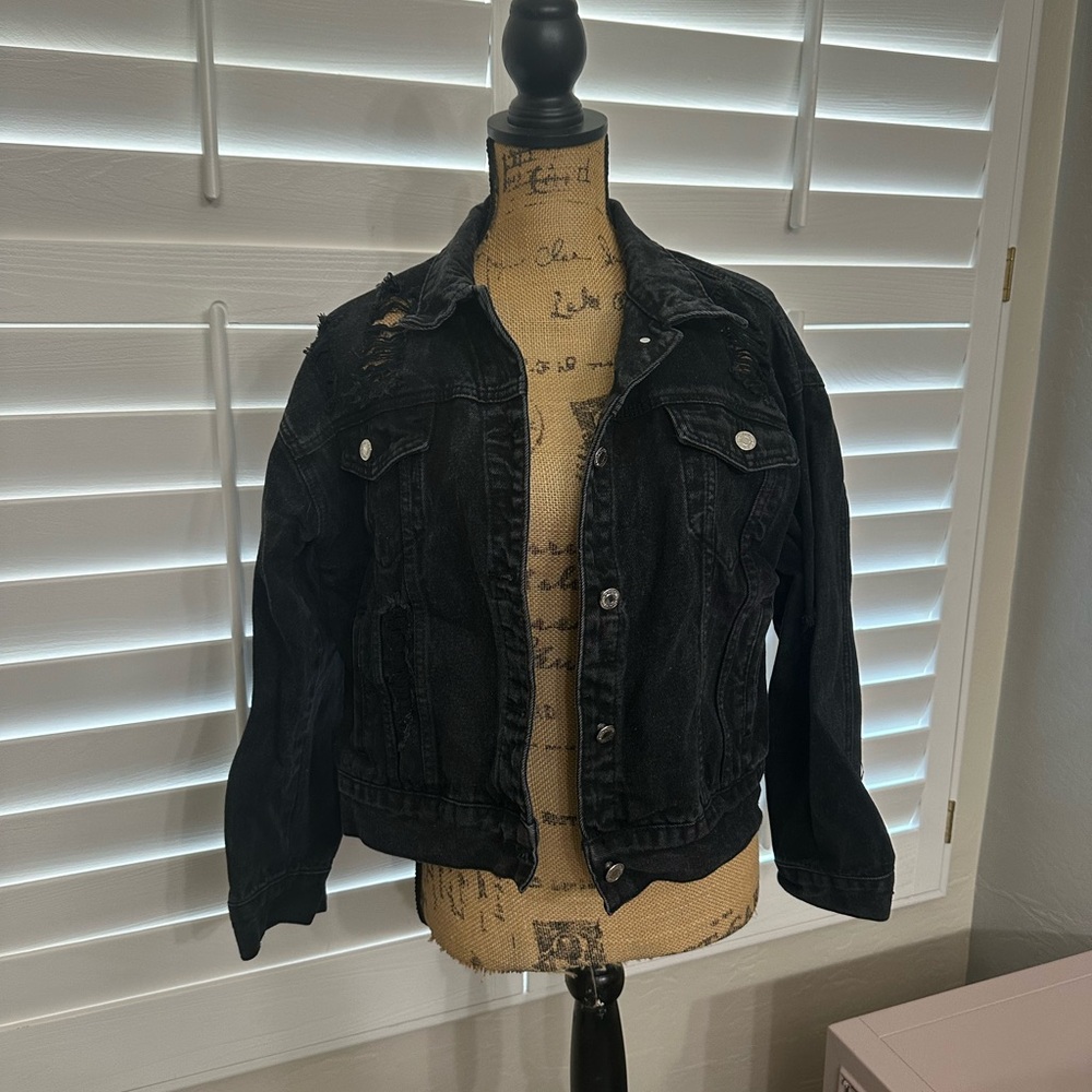 Black Denim Jacket with Button Details
